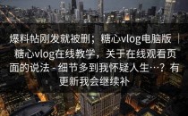 爆料帖刚发就被删；糖心vlog电脑版 ｜ 糖心vlog在线教学，关于在线观看页面的说法 - 细节多到我怀疑人生…？有更新我会继续补